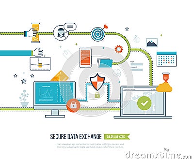 Concepts for data protection, encryption and secure exchange. Vector Illustration