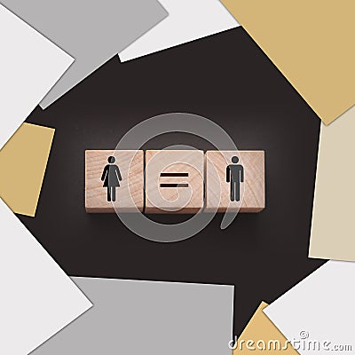 Concepts of gender equality. wooden cubes with female and male symbol and equal sign. Equal pay social quaranty concept Stock Photo