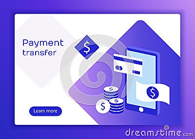 Concepts mobile payments, personal data protection. Header for website with smartphone and Bank card on blue background. Vector Illustration
