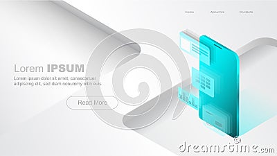 Concepts mobile usage, personal data. Header for website with smartphone and modules concept on white and green Vector Illustration