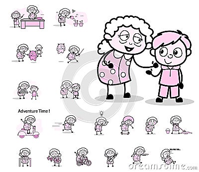 Concepts with Old Granny Character - Various Retro Vector illustrations Vector Illustration