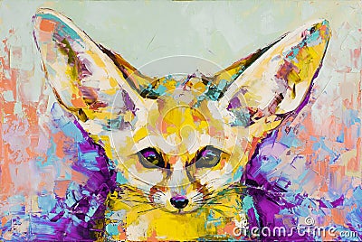 Oil fox portrait painting in multicolored tones. Conceptual abstract painting of a fennec muzzle. Closeup of a painting Stock Photo