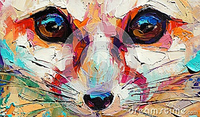 Oil fox portrait painting in multicolored tones. Conceptual abstract painting of a fennec muzzle. Closeup of a painting Stock Photo