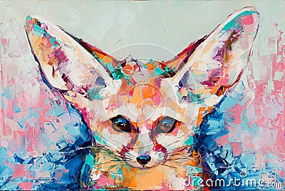 Oil fox portrait painting in multicolored tones. Conceptual abstract painting of a fennec muzzle. Closeup of a painting Stock Photo