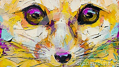 Oil fox portrait painting in multicolored tones. Conceptual abstract painting of a fennec muzzle. Closeup of a painting Stock Photo