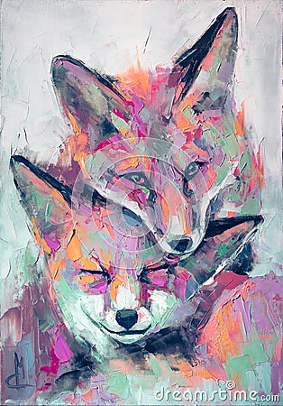 Oil fox portrait painting in multicolored tones. Conceptual abstract painting of a fennec muzzle. Closeup of a painting Stock Photo