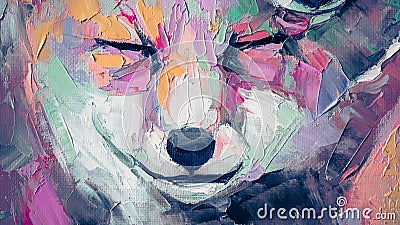 Oil fox portrait painting in multicolored tones. Conceptual abstract painting of a fennec muzzle. Closeup of a painting Stock Photo