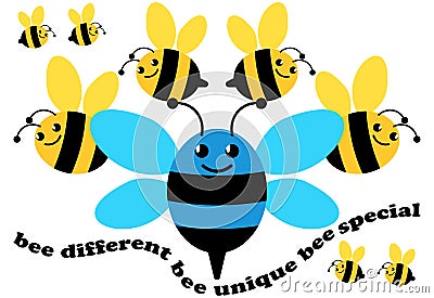 Conceptual Acceptance Bee Different Bee Yourself Illustration with Bumblebees Isolated on White with Clipping Path Stock Photo