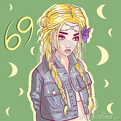 Conceptual art of a blonde girl with long braided hair and a crystal on her forehead. Cancer woman zodiac sign with denim jacket Vector Illustration