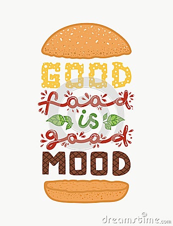 Conceptual art of burger. Quotes `good food is good mood`. Vector illustration of lettering phrase. Calligraphy poster Vector Illustration