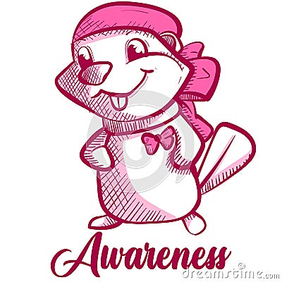 Conceptual art of a happy beaver wearing a scarf and a pink ribbon for breast cancer awareness campaign. Vector Illustration