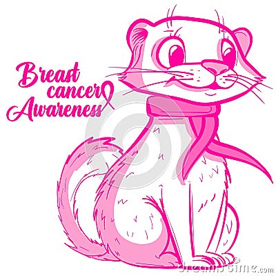 Conceptual art of a pink otter with a ribbon for breast cancer awareness month. Cartoon weasel supporting a medical cause Vector Illustration