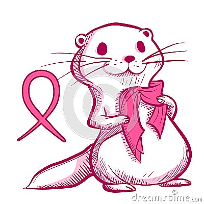 Conceptual art of a pink otter wearing a scarf for breast cancer awareness month. Cute cartoon character of a weasel Vector Illustration