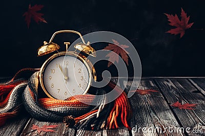 Conceptual autumn composition. Gold alarm clock wrap knitted scarf on a wooden vintage table and decorated with maple leaves. Stock Photo