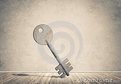 Conceptual background image of concrete key sign in room with wooden floor Stock Photo