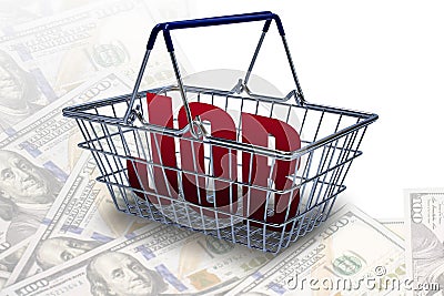 Conceptual background of unemployment. A supermarket basket with the inscription JOB on a background of dollars. Job search. Loss Stock Photo