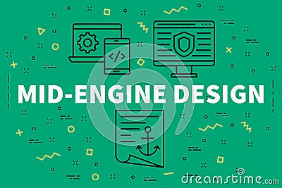 Conceptual business illustration with the words mid-engine design Cartoon Illustration