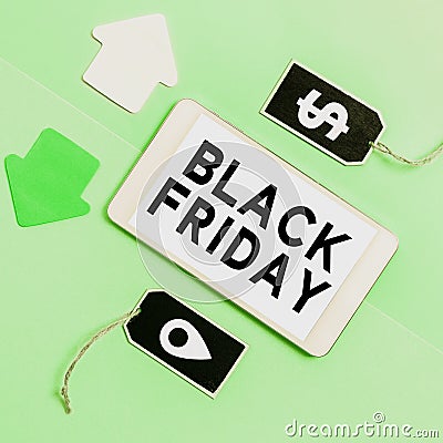 Conceptual caption Black Friday. Word for The day after the US holiday of Thanksgiving Shopping season Stock Photo