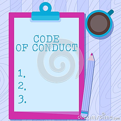 Conceptual caption Code Of Conduct. Concept meaning set of principles are ethics, respect, code, honesty, and integrity Stock Photo