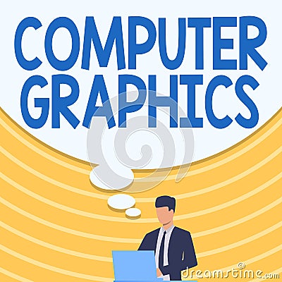 Conceptual caption Computer Graphics. Conceptual photo visual representations of data displayed on a monitor Businessman Stock Photo