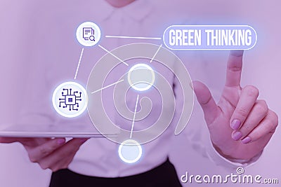 Sign displaying Green Thinking. Business overview Taking ction to make environmental responsibility a reality Lady Stock Photo