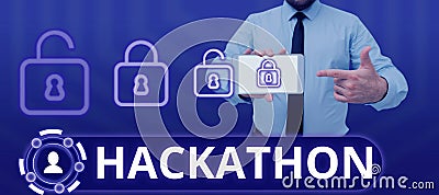 Conceptual caption Hackathon. Word Written on event where large number of people engage in programming Stock Photo