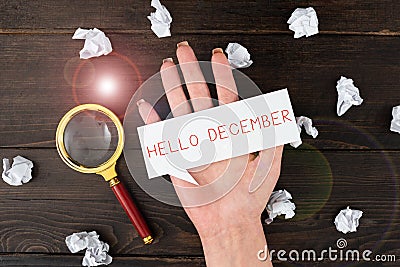 Conceptual caption Hello December. Word Written on greeting used when welcoming the twelfth month of the year Stock Photo