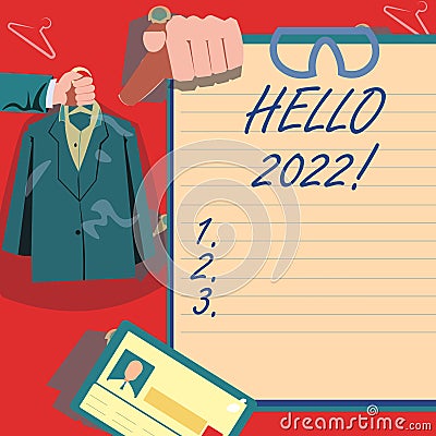 Conceptual caption Hello 2022. Word for Hoping for a greatness to happen for the coming new year Hands Holding Uniform Stock Photo