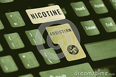 Conceptual caption Nicotine Addiction. Word Written on condition of being addicted to smoking or tobacco consuming Stock Photo