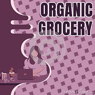 Conceptual caption Organic Grocery. Conceptual photo market with foods grown without the use of fertilizers Woman Stock Photo