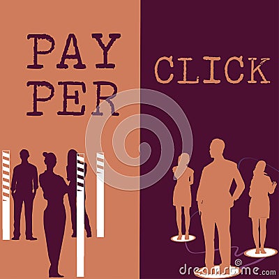 Conceptual caption Pay Per Click. Business overview Internet Advertising Model Search Engine marketing Strategy Stock Photo