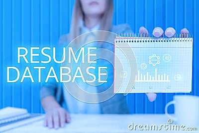 Conceptual caption Resume Database. Concept meaning database of candidates that you can search by skillset Lady Pressing Stock Photo