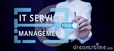 Conceptual caption It Service Management. Business overview Activity Directed by Policies Lifecycle of Technology Stock Photo