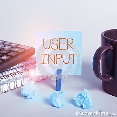 Conceptual caption User Input. Word for Any information or data that is sent to a computer for processing Stock Photo