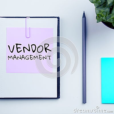 Conceptual caption Vendor Management. Business approach activities included in researching and sourcing vendors Stock Photo