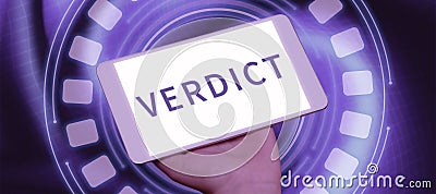 Conceptual caption Verdict. Word for decision on disputed issue in a civil or criminal case or inquest Stock Photo