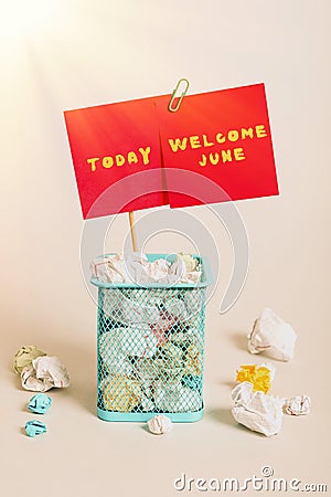 Conceptual caption Welcome June. Business concept Calendar Sixth Month Second Quarter Thirty days Greetings Case Full Of Stock Photo