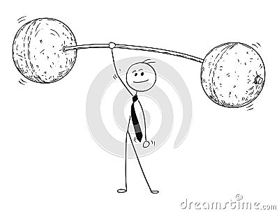 Conceptual Cartoon of Businessman Lifting Heavy Weight Easily Vector Illustration