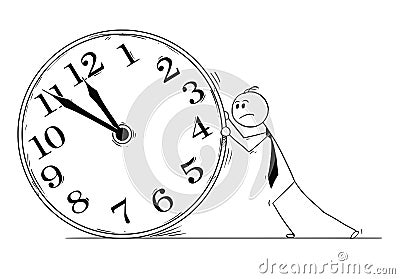 Conceptual Cartoon of Businessman Pushing Big Clock Vector Illustration
