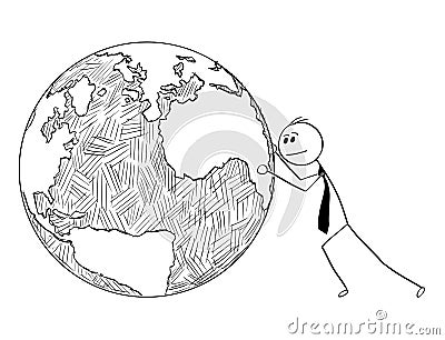 Conceptual Cartoon of Businessman Pushing World Globe Vector Illustration
