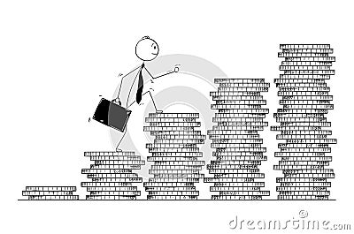 Conceptual Cartoon of Businessman Walk or Climb Coin Piles Vector Illustration