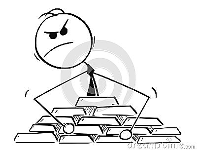 Conceptual Cartoon of Paranoid Businessman Protecting His Gold Treasure Vector Illustration