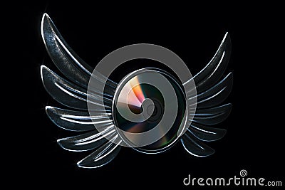 Conceptual cd disk emblem with metallic wings 3d render version Stock Photo