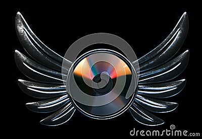 Conceptual cd disk emblem with metallic wings 3d render version Stock Photo