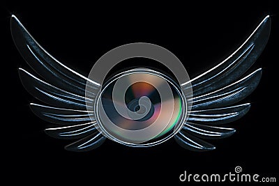 Conceptual cd disk emblem with metallic wings 3d render version Stock Photo