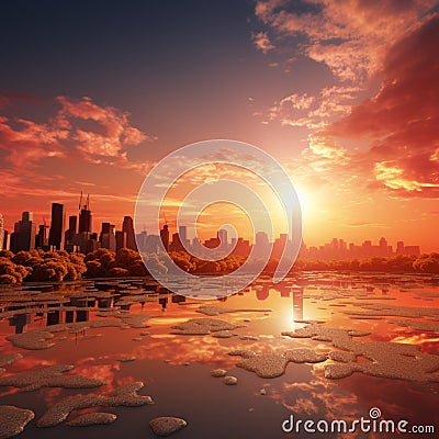 Conceptual city heatwave, visualizing global warming's high-temperature impact. Stock Photo