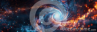 Conceptual cluster, a swirling vortex of data streams merging into a central core of interconnected nodes. Stock Photo