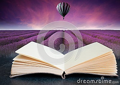 Conceptual composite open book image of Stunning lavender field landscape Summer sunset with hot air balloon Stock Photo