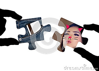 Conceptual composite with puzzle piece matching on greedy materialistic gold digger woman with narrow mindset obsessed with money Stock Photo