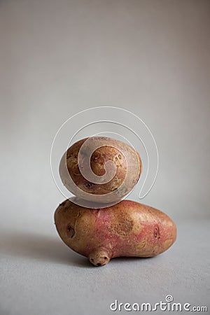 Conceptual creative still life with balancing fresh red potatoes on a light gray background. Equilibrium floating food balance. Stock Photo